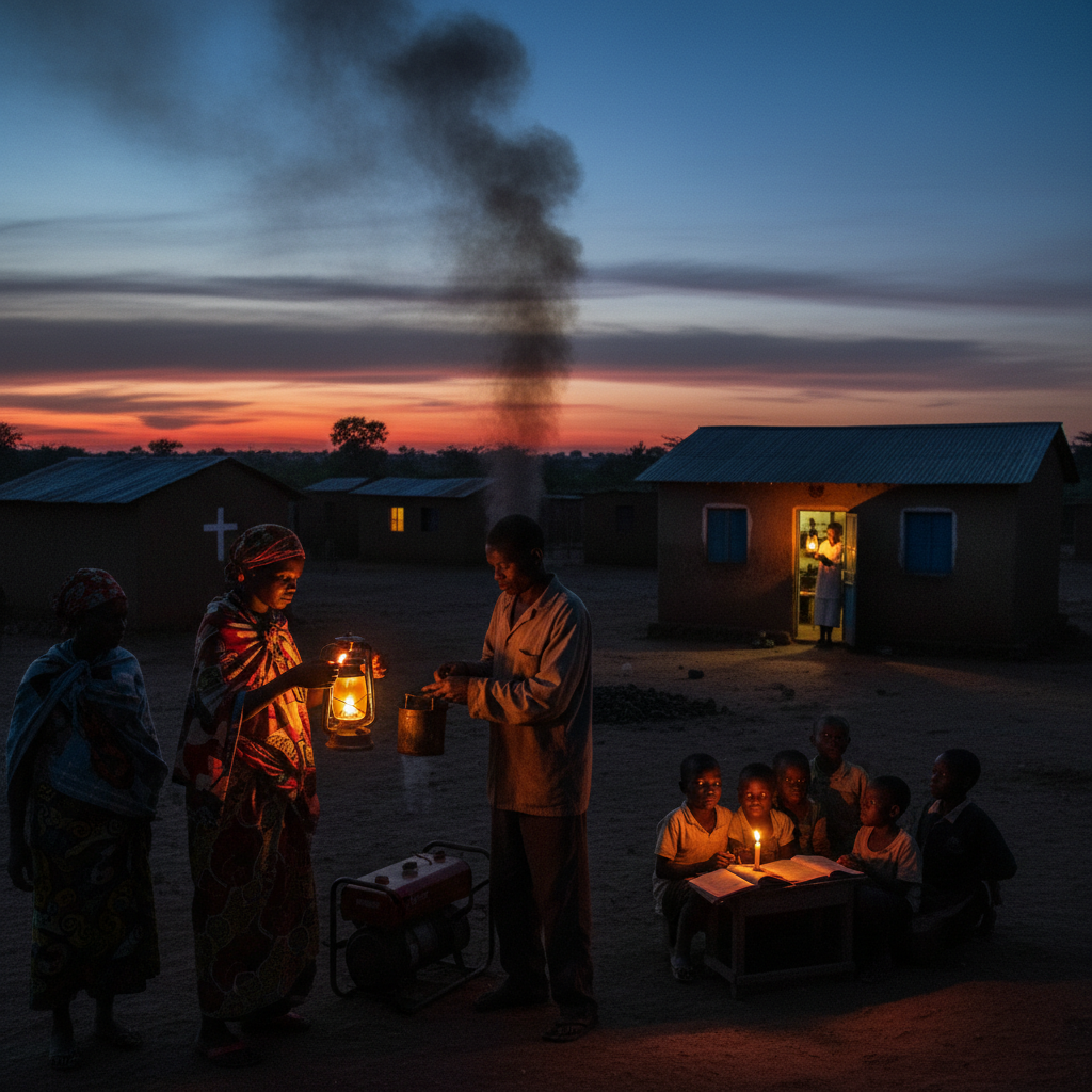 Off-grid African community at dusk with limited lighting, showing energy poverty challenges and reliance on kerosene lamps and generators