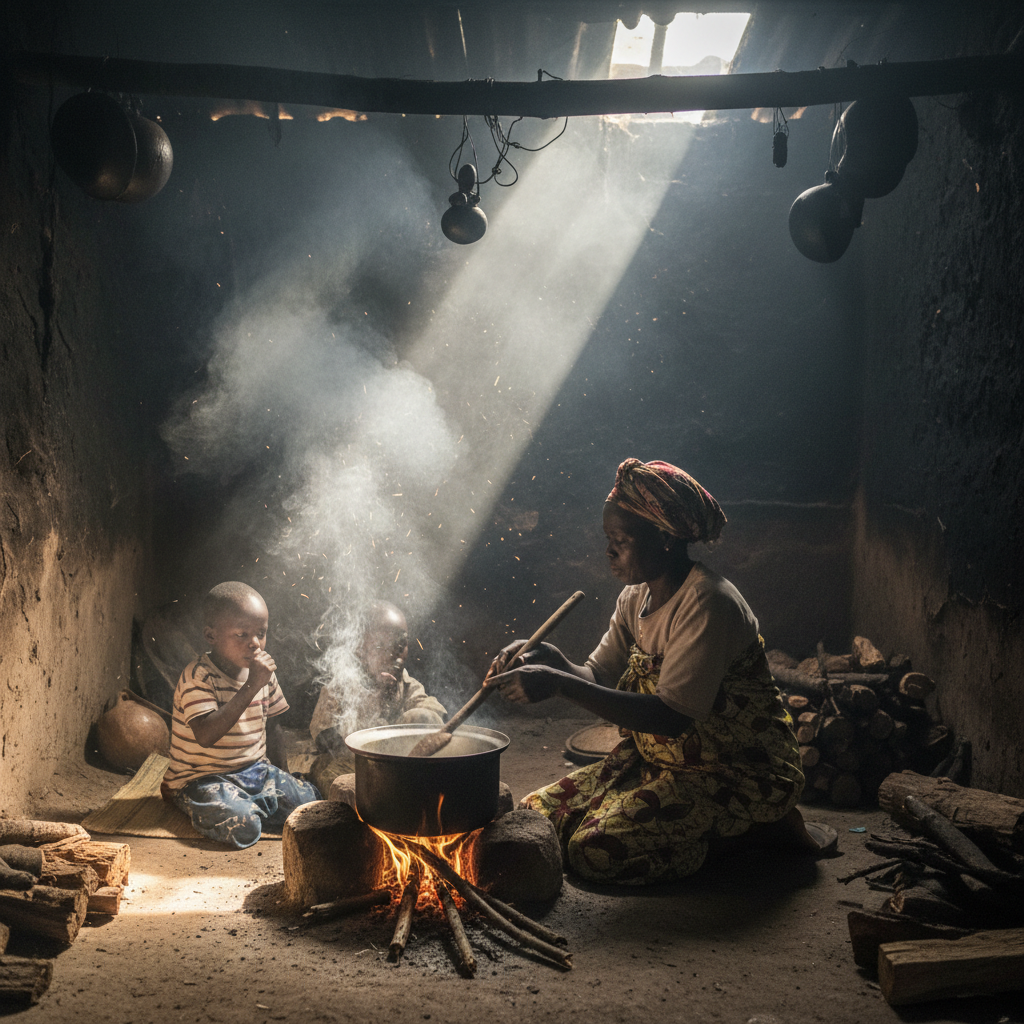 African woman cooking over open fire with visible smoke in indoor kitchen, showing health risks of traditional biomass cooking